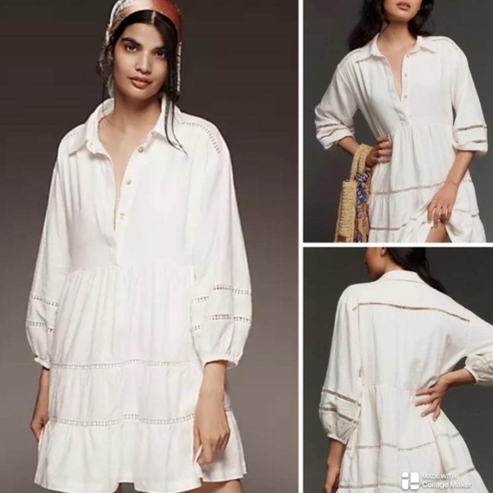 Maeve The Bettina Tiered Mini Shirtdress Linen Edition